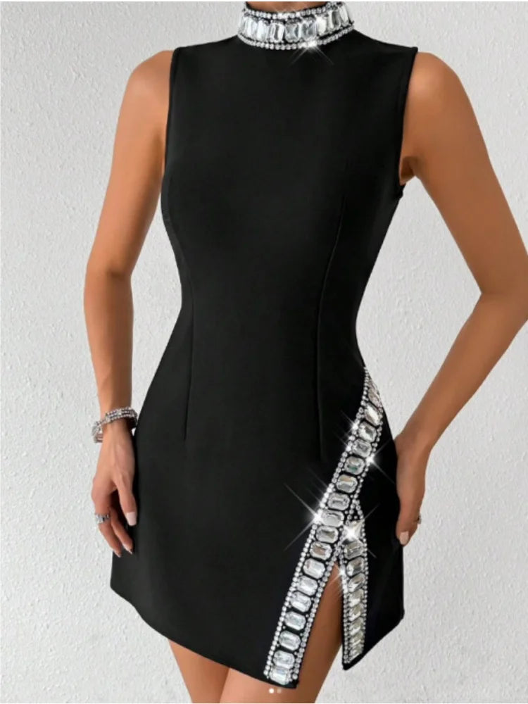 High Quality Women Sleeveless Sexy O-Neck Big Crystal Bodycon Bandage Mini Dress Nightclub Party Celebrate Fashion Birthday Wear