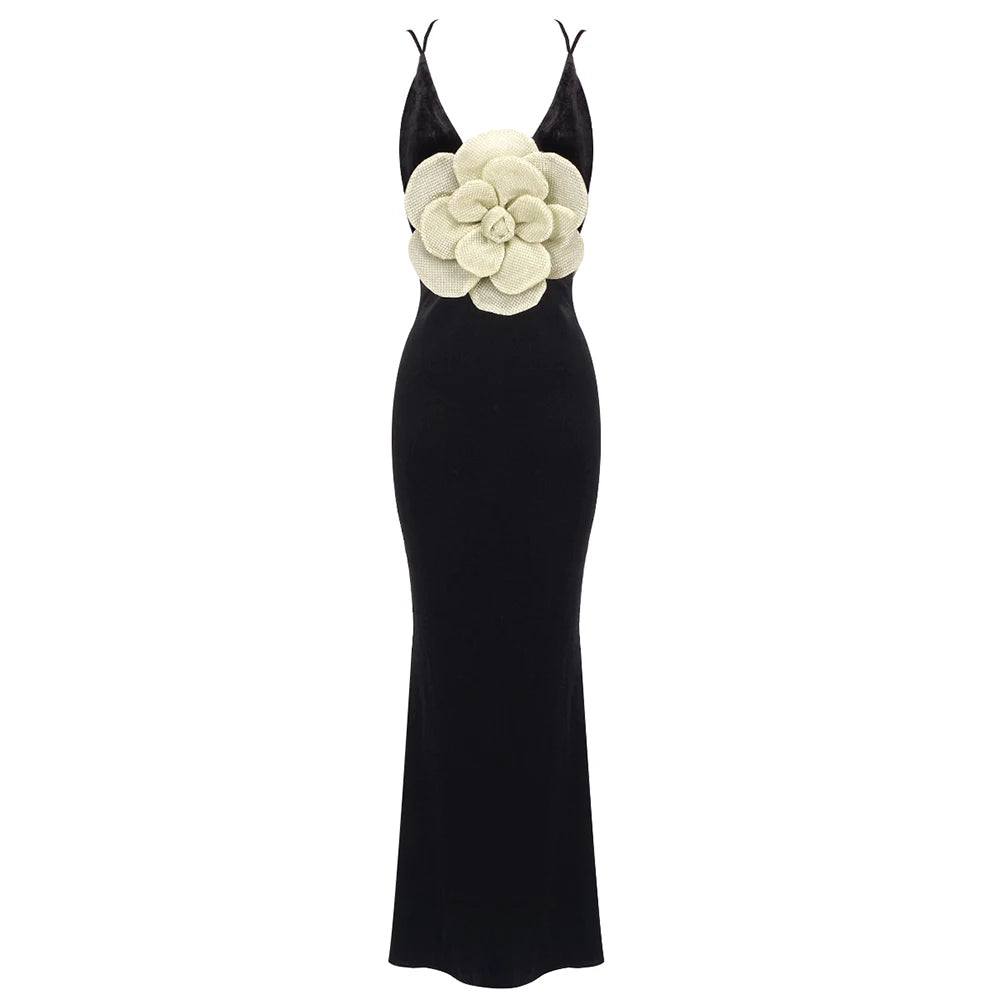 High Quality Women Sleeveless Sexy V-Neck Golden Florals Bodycon Long Dress Backless Vintage Evening Party Celebrate Dress