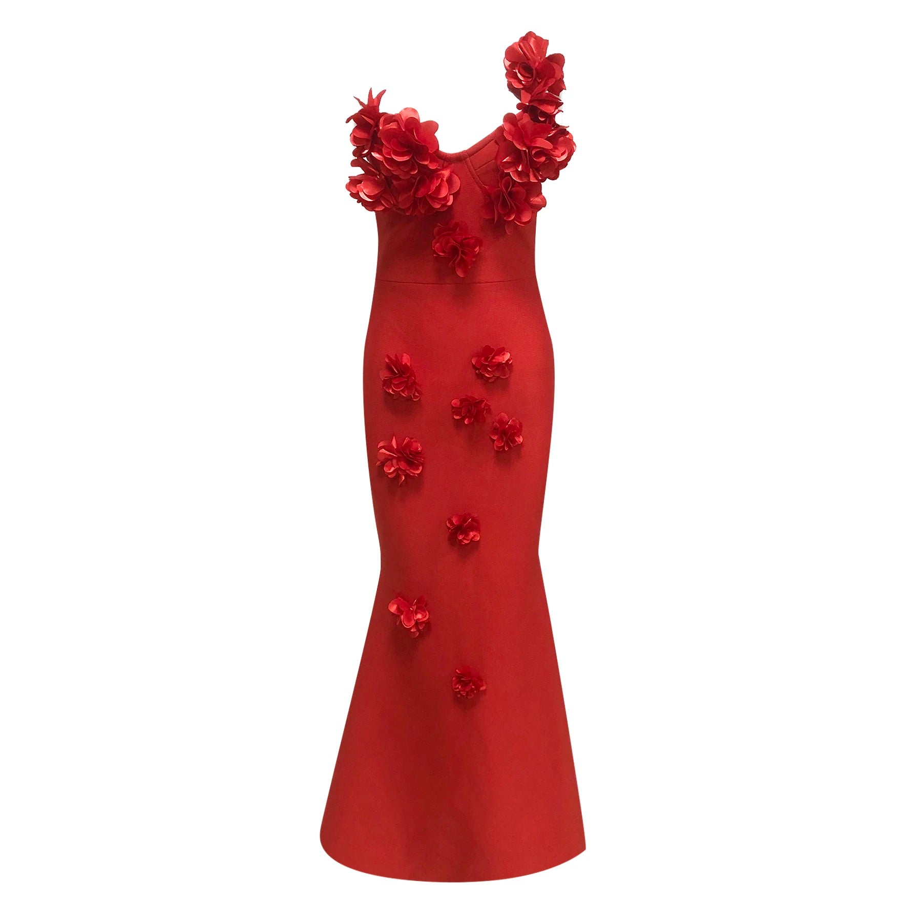 Red Color Women Sexy One Shoulder Florals Bodycon Long Bandage Dress Celebrate Evening Party Wedding Mermaid Outfit