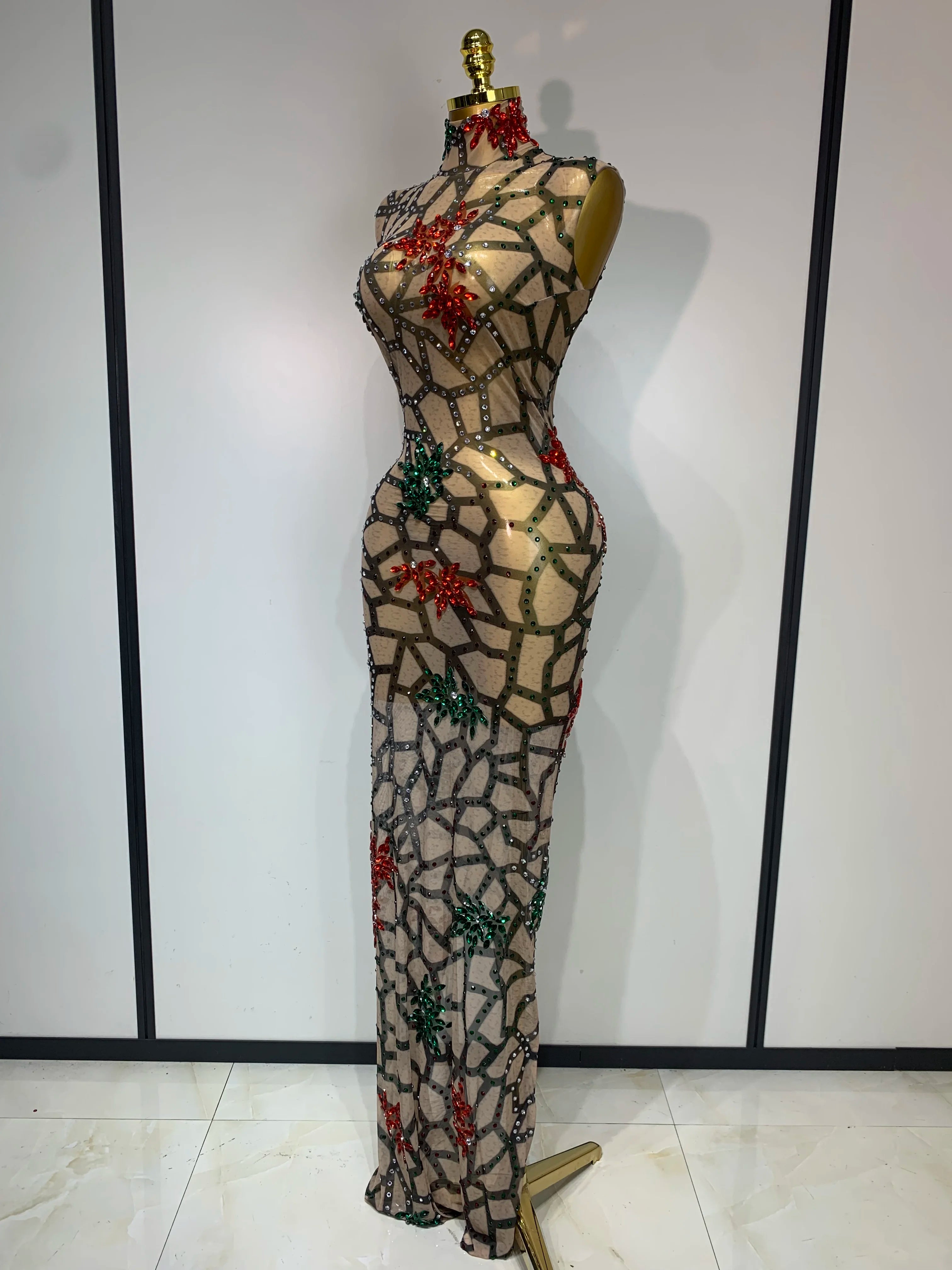 Women Sexy Mesh See Through Sparkly Rhinestone Long Maxi Dress Luxury Birthday Evening Party Prom Gowns Singer Stage Costume