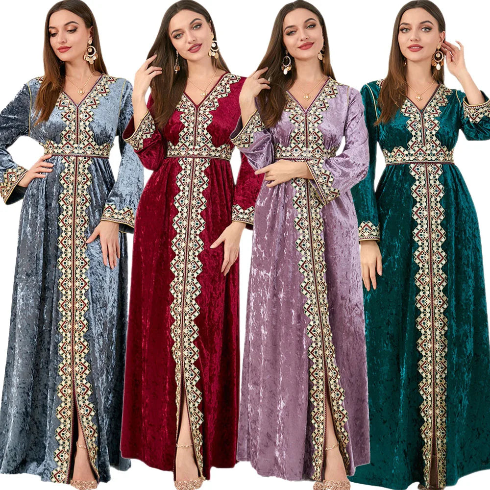 Velvet Autumn Winter Morocco Luxury Muslim Women Abaya V-neck Maxi Dress Turkey Arabic Islamic Kaftan Dubai Evening Party Kaftan
