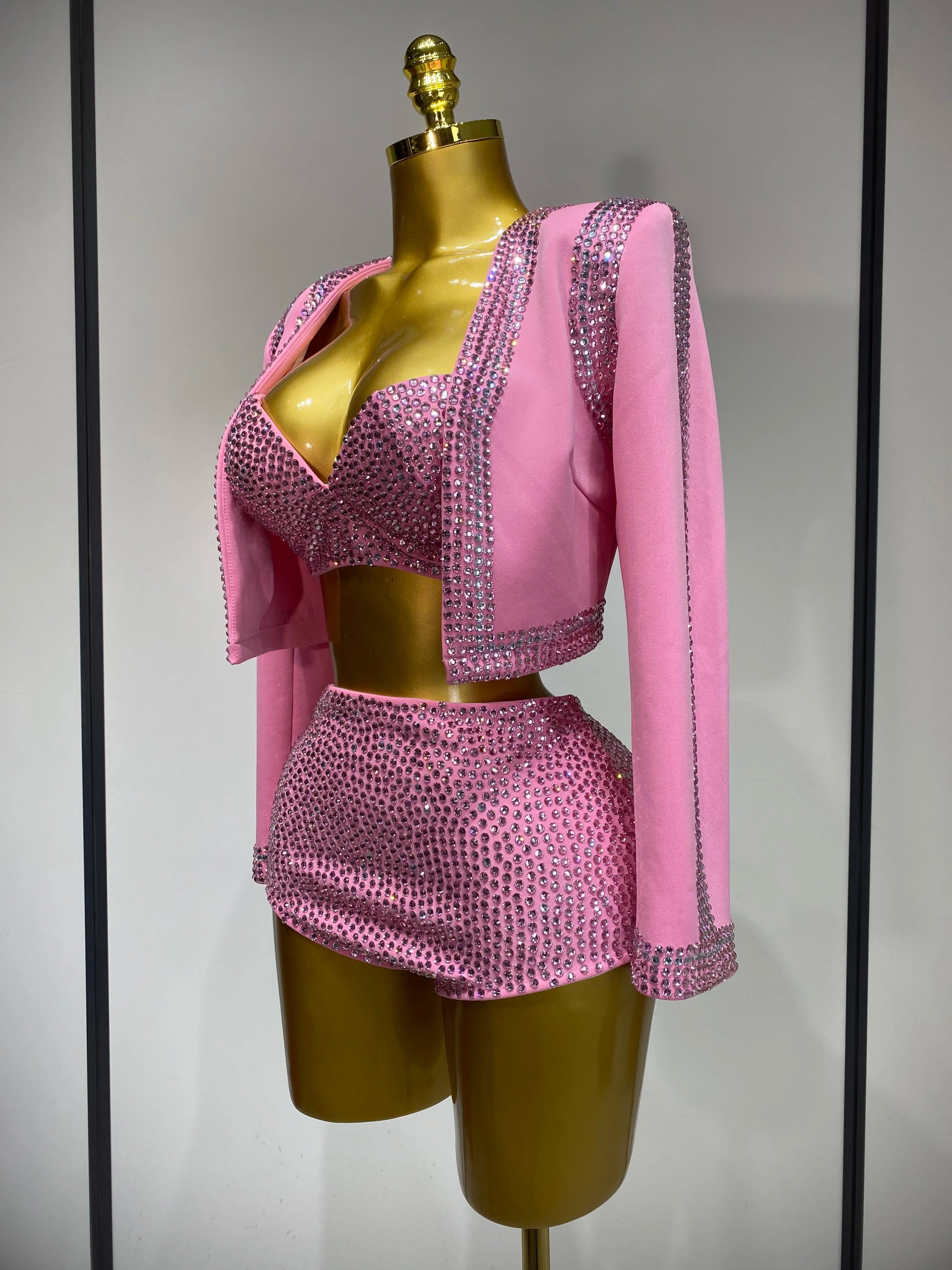 Luxury Rhinestone Jacket Bra Top And Matching Shorts Set 3 Pieces Outfits Women Sexy Sparkle Nightclub Singer Stage Outfit