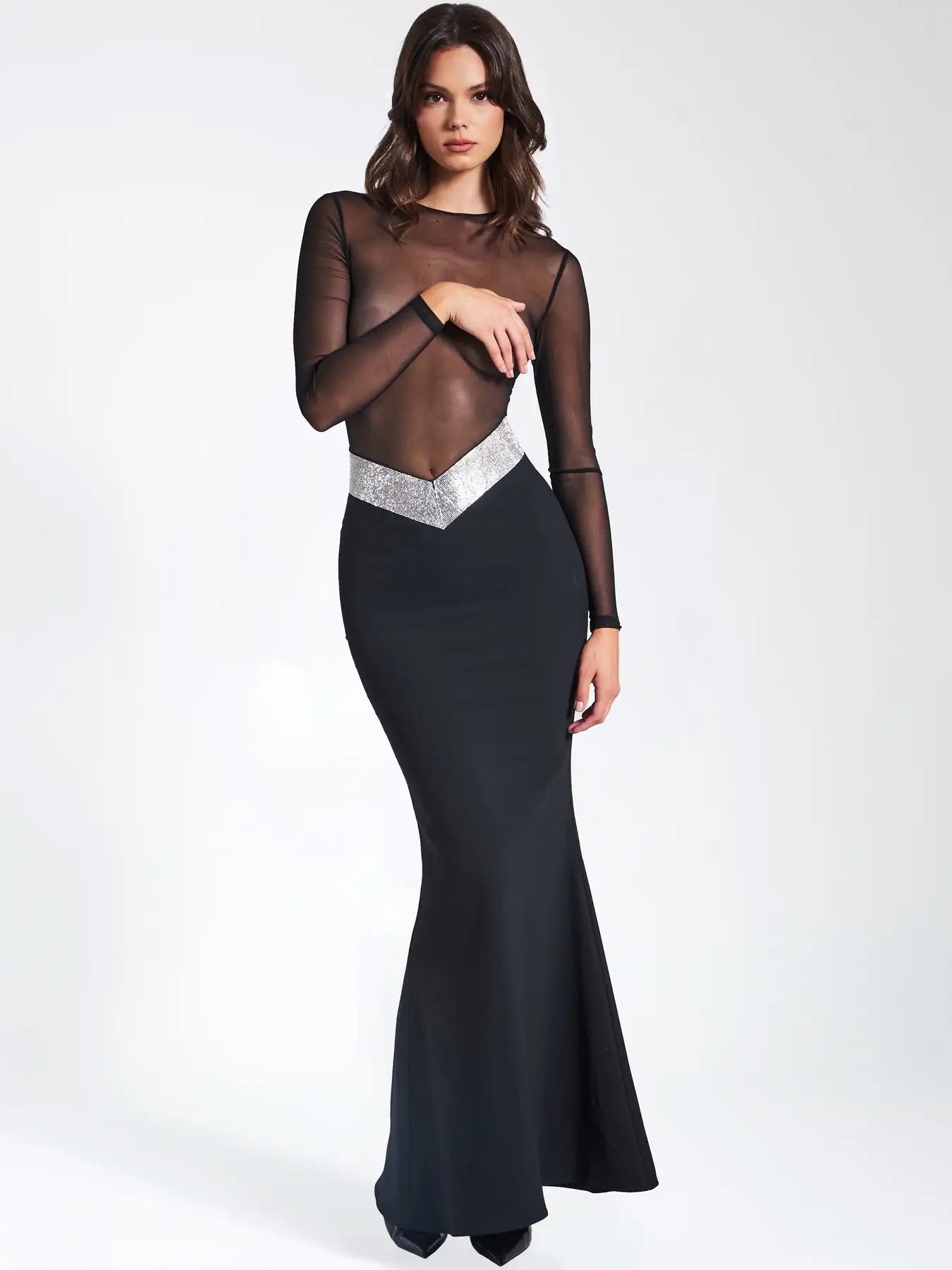 2023 New Arrival Women Long Sleeve Sexy Mesh See Through Bodycon Bandage Mermaid Dress Nightclub Party Celebrate Dress