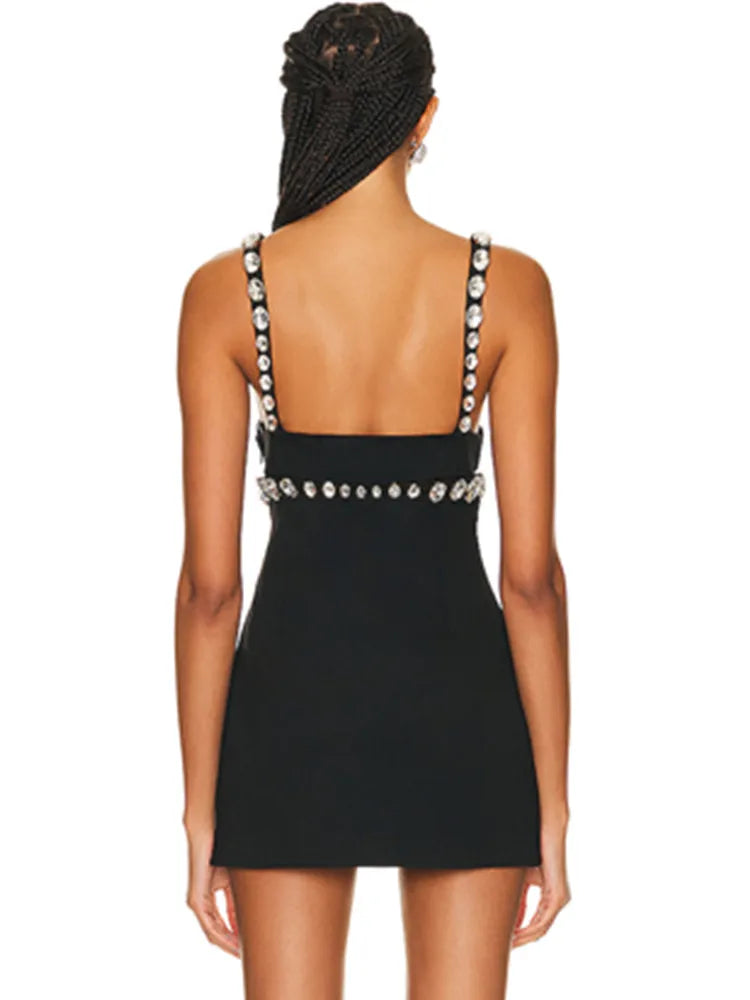 Women Celebrity Sexy V Neck Beading Rhinestone Black Mini Bodycon Bandage Dress Elegant Evening Club Party Dress