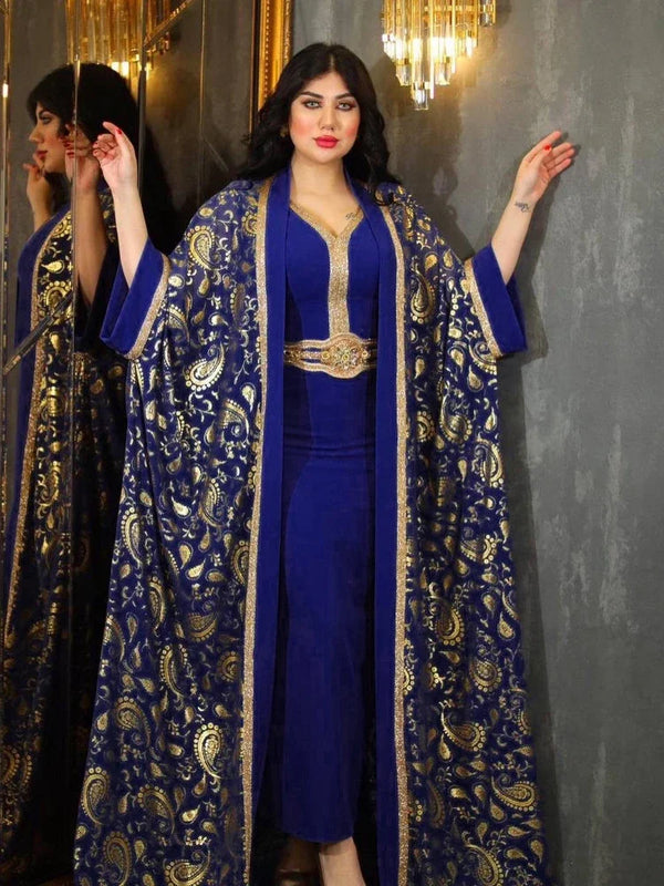 Print Muslim Abaya For Women Eid Dress 2 Piece Set Morocco Ramadan Belted Abayas Kaftan Islam Cardigan Dubai Arab Long Robe