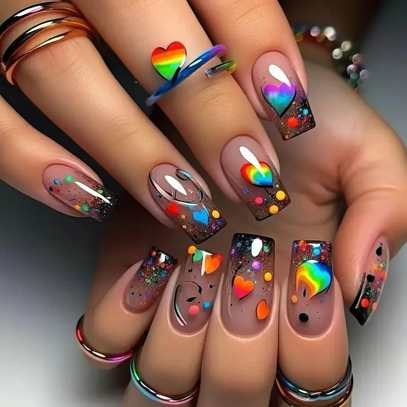24Pcs Short Square Press on Fake Nails with French Stripe Pink Glitter Nail Set Art Finished Wearable Full Cover False Nail Tips