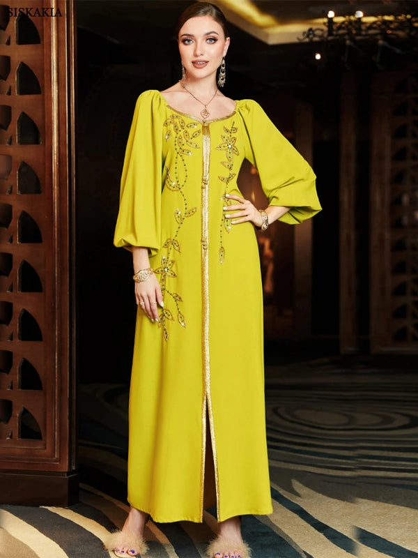 Fashion Lantern Sleeve Party Evening Dresses for Women Muslim Moroccan Kaftan Dubai Abaya Rhinestone Ribbon Beaded Eid