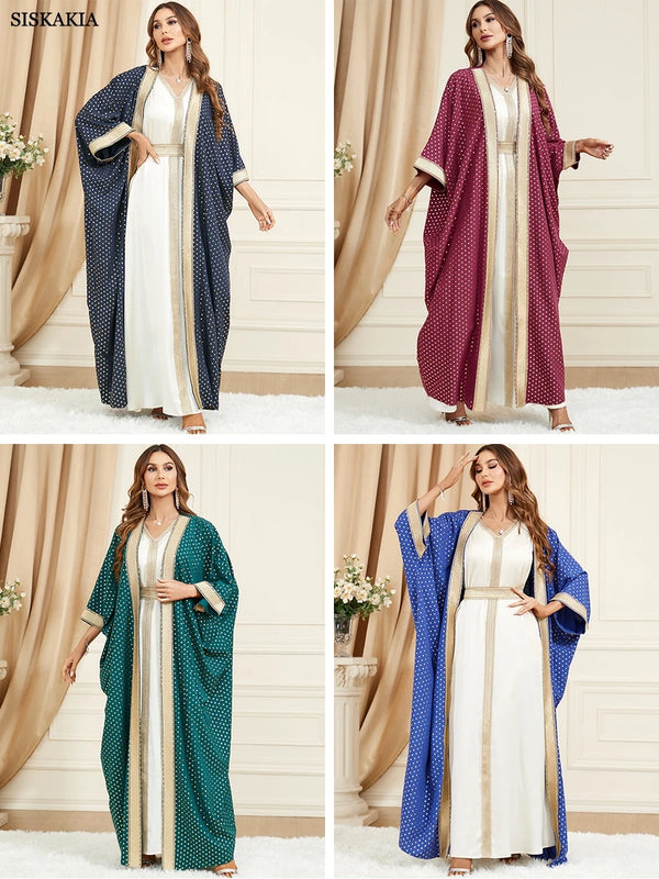 Kaftan Dubai Luxury Muslim Sets Batwing Sleeve Open Abaya Fashion Polka Dot Print 2 Piece Ramadan Dress All season