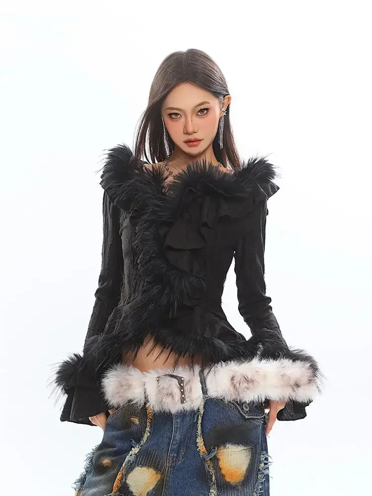 TWOTWINSTYLE Solid Fashion Spliced Fur Sweater for Women V Neck Long Sleeve Patchwork Ruffles Fold Pullovers Female Clothing New
