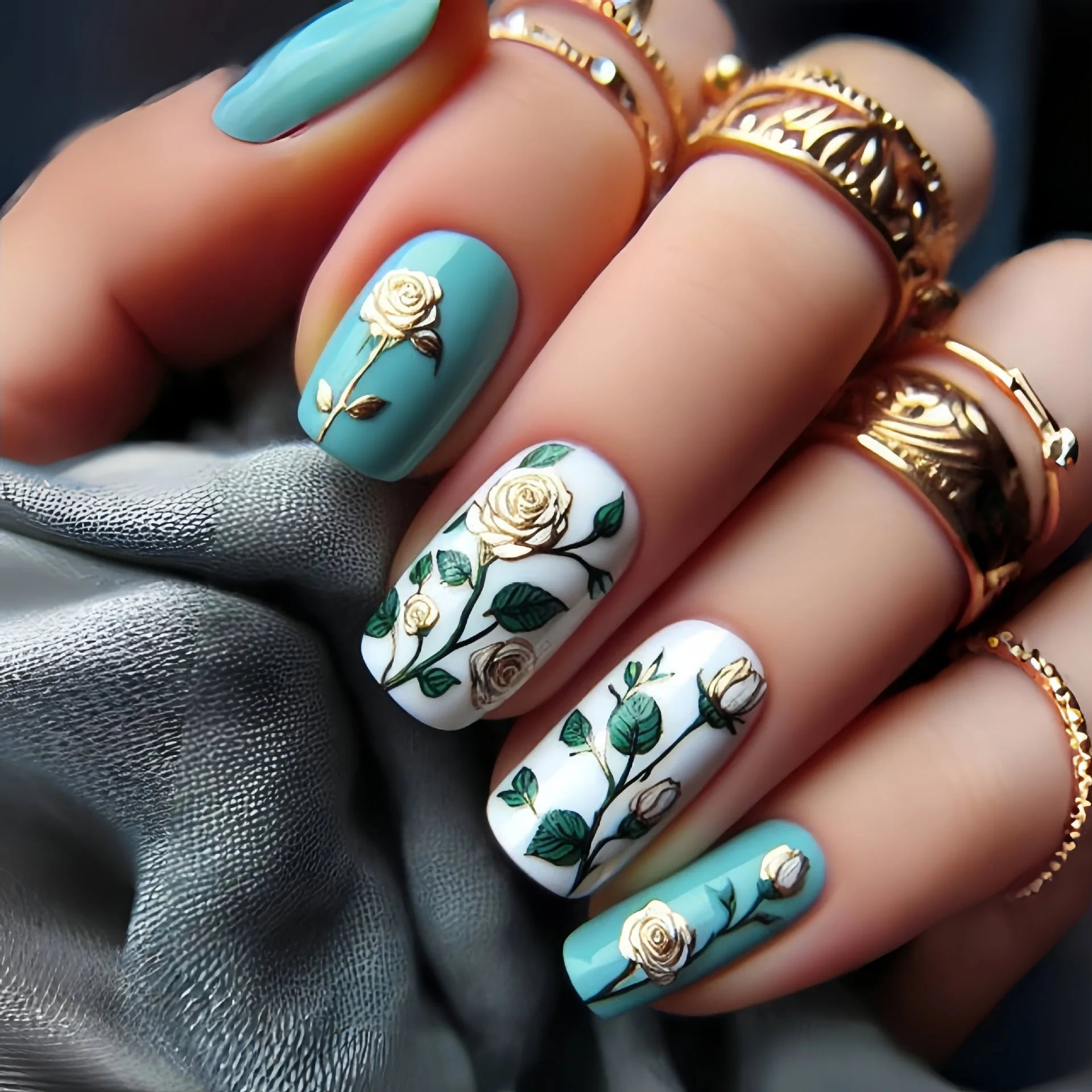24Pcs Press on Nails Mid-length Square Head Blue Coffin Fashionable Nail Patch Flowers Spring Design Wearable Finished Manicure