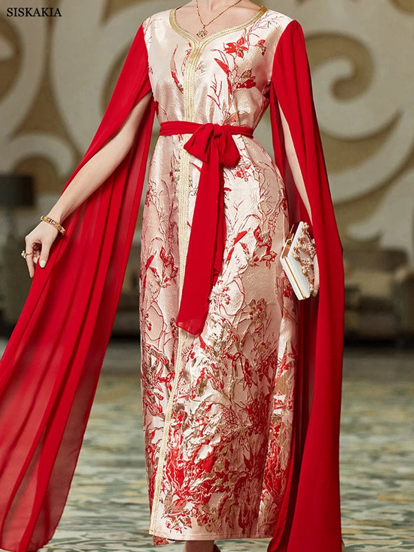 Fashion Dubai Royal Caftan Women Chic Printing Super Full Sleeves V-Neck Belted Clothing Evening Long Dresses Elegant