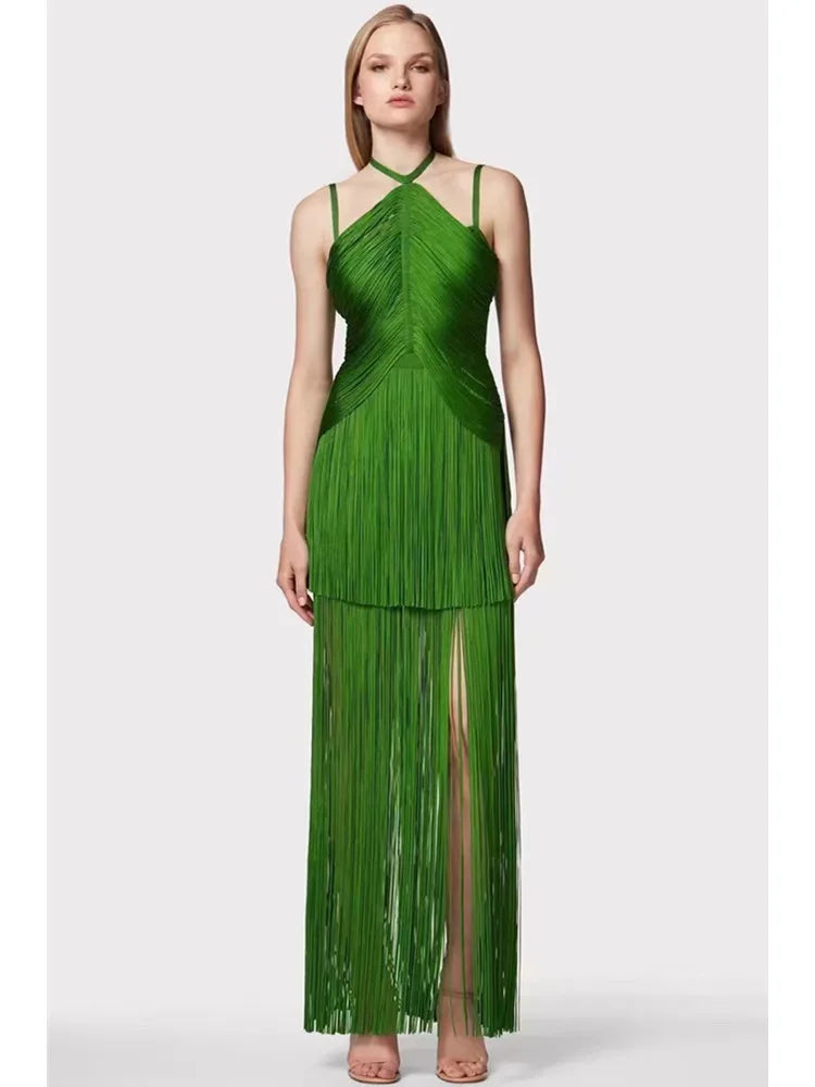 Women Celebrity Luxury Sexy Backless Tassel Green Ankle Length Bodycon Bandage Dress Elegant Evening Club Party Outfit