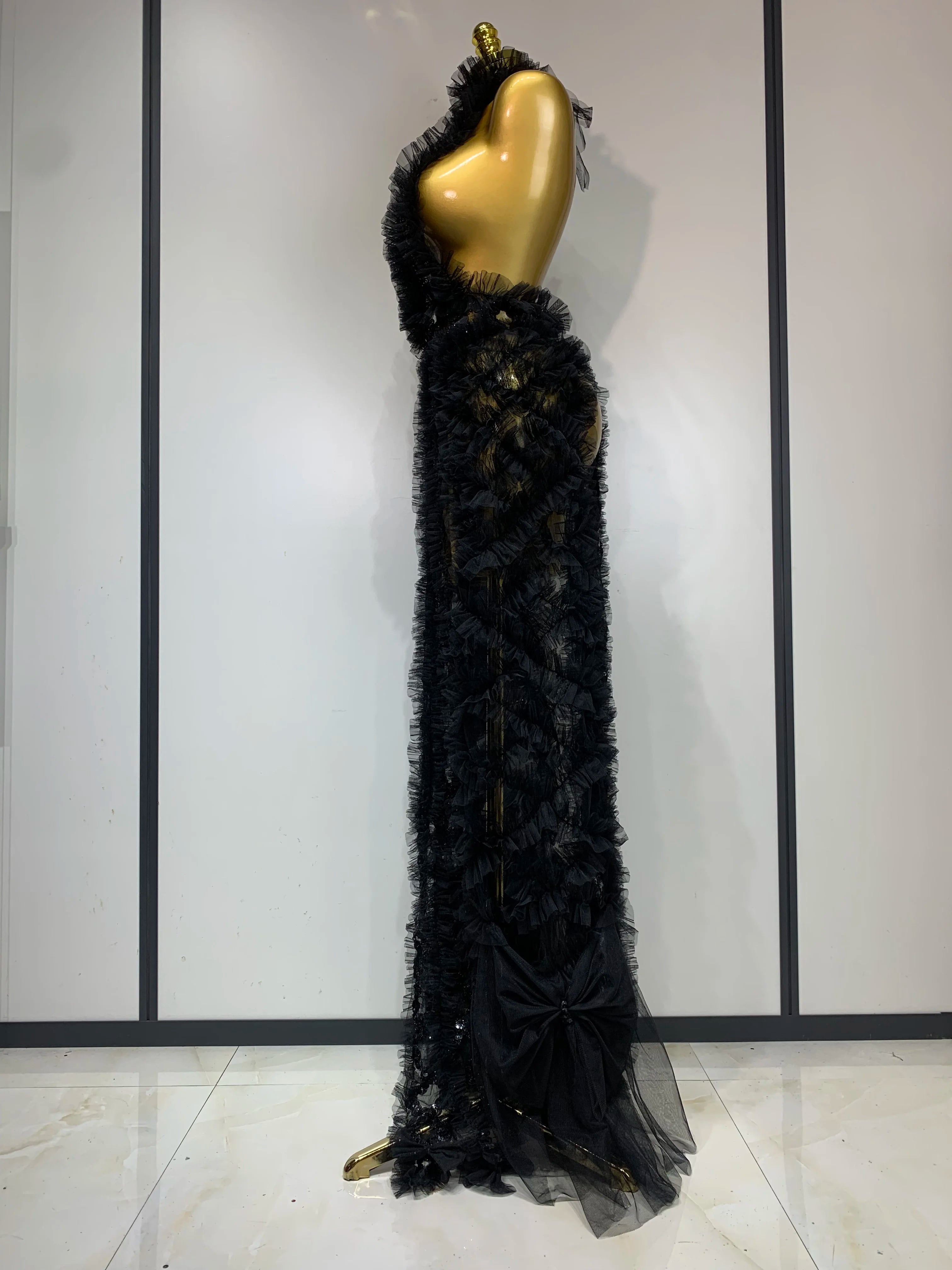 Black Mesh Sequins Sexy  Halter See Through Dress 2025 Evening Party Prom Nightclub Singer Performance Costume Stage Wear