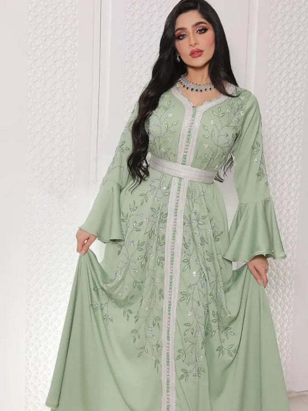 2024 Summer Women's Maxi Long Dress Embroidered Nail Beads Drilling Kaftan Gown Green Abaya Dubai Luxury Robe Femme Musulmane