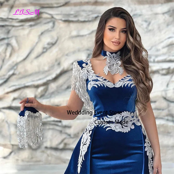 Moroccan Caftan Evening Dress Appliques Lace Cap Sleeve Royal Blue Mermaid Slit Velvet Arabic Prom Gowns Party Dress 2023
