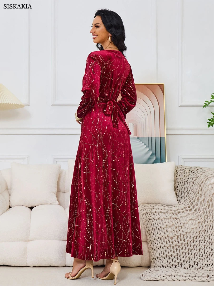 Velvet Autumn Winter Gold Stamping Fashion Red Evening Gown Elegant Long Sleeve V-Neck Abaya With Sashes Muslim Women