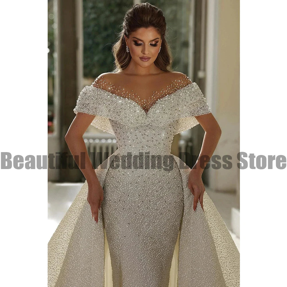 Luxury Women's Sexy One Shoulder Bridal Dresses High End Lace Sparkling Bead String Princess Wedding Gowns Formal Beach Party De