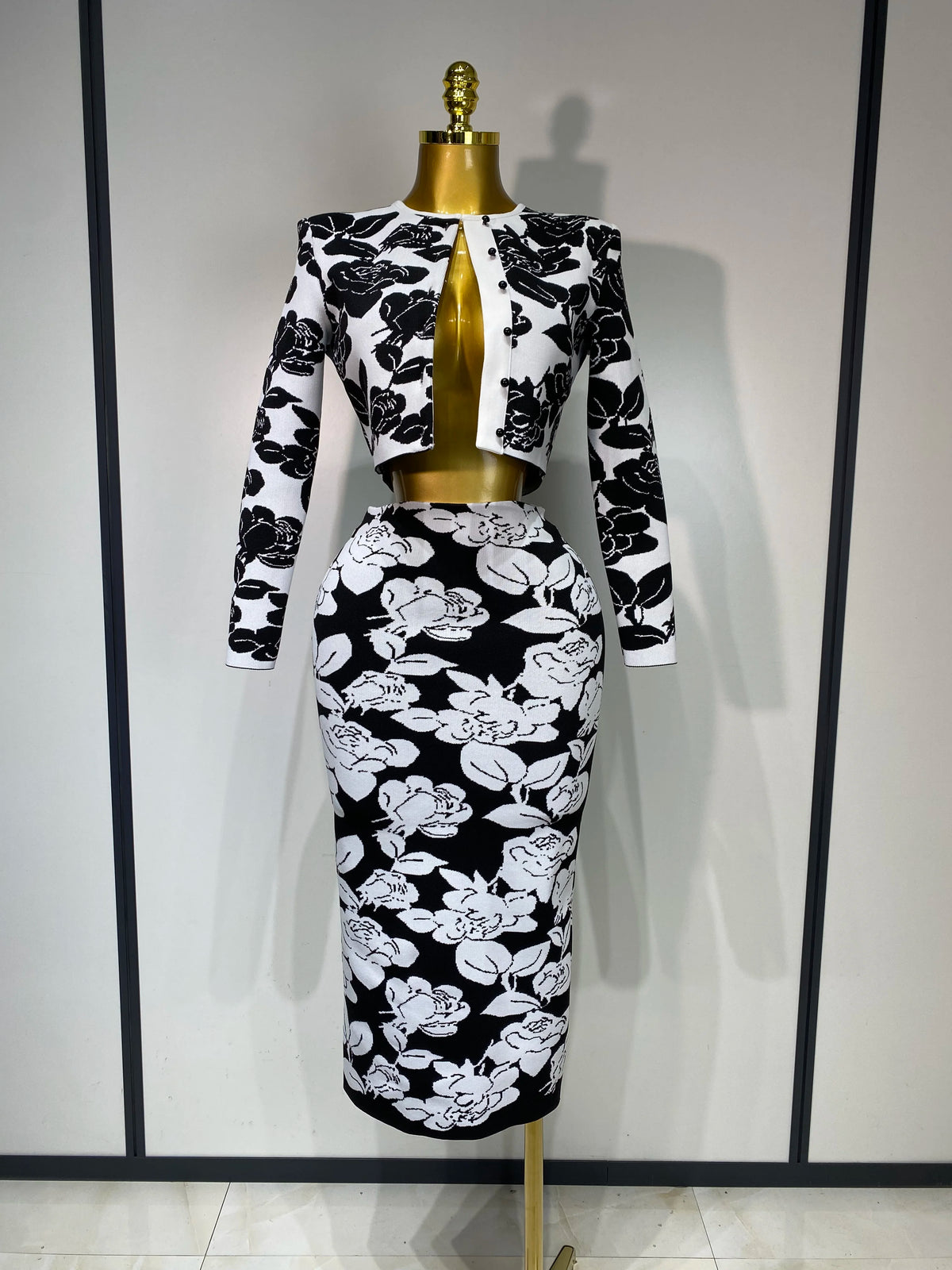 2025 New Arrival Women Long Sleeve Jacquard Weave Two Pieces Set Celebrity Red Carpet Dress Birthday Bodycon Bandage Women's Set