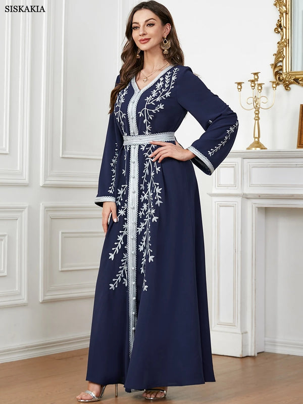 Abaya Islamic Fashion Solid Emberoidery Maxi Dresses Long Sleeve V-Neck Belted Clothing Moroccan Kaftan For Women