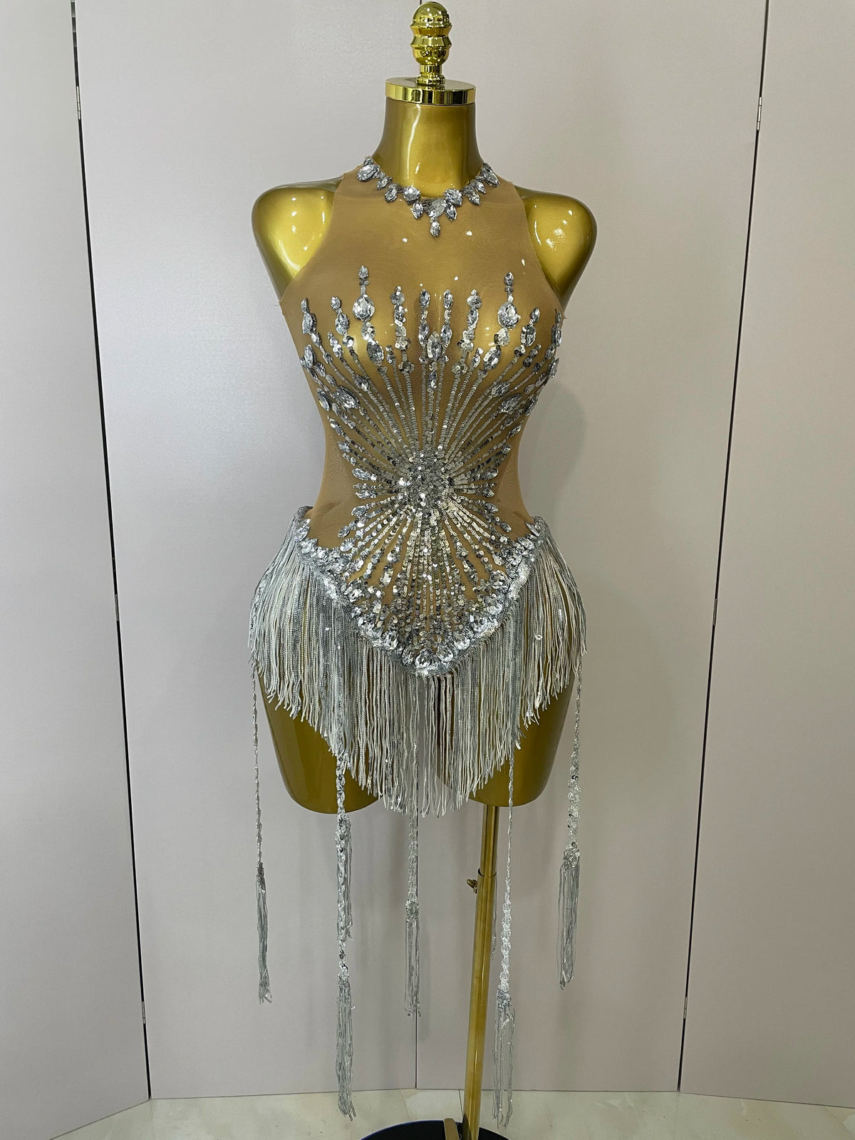 STOCK Sliver Sequins Shining Diamonds Sexy Mesh Long Tassel Bodysuit Women Nightclub Party Birthday Stage Performance Costume