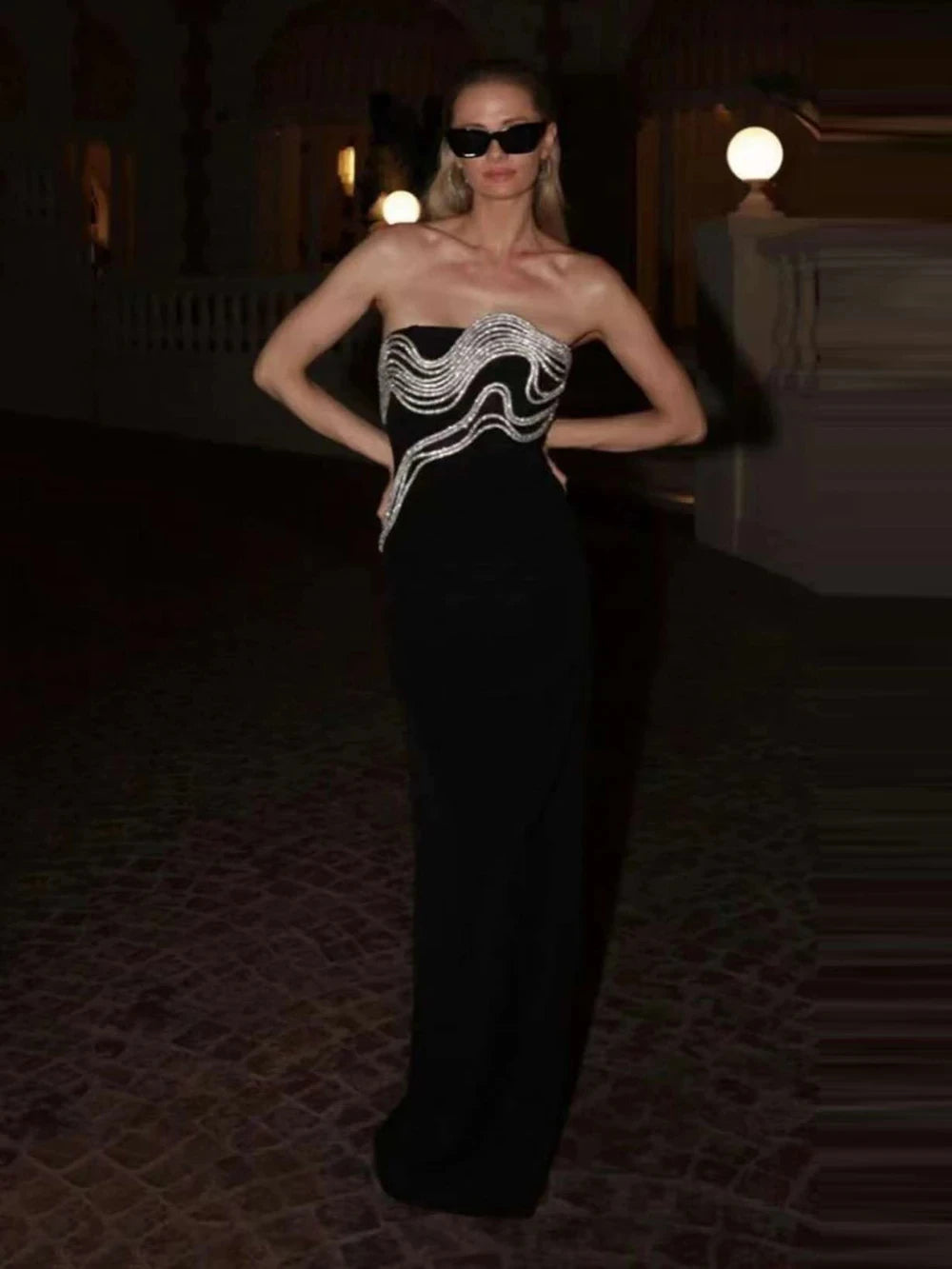 Women Celebrity Sexy Strapless Backless Diamonds Black Maxi Long Bodycon Bandage Dress Elegant Evening Club Party Dress