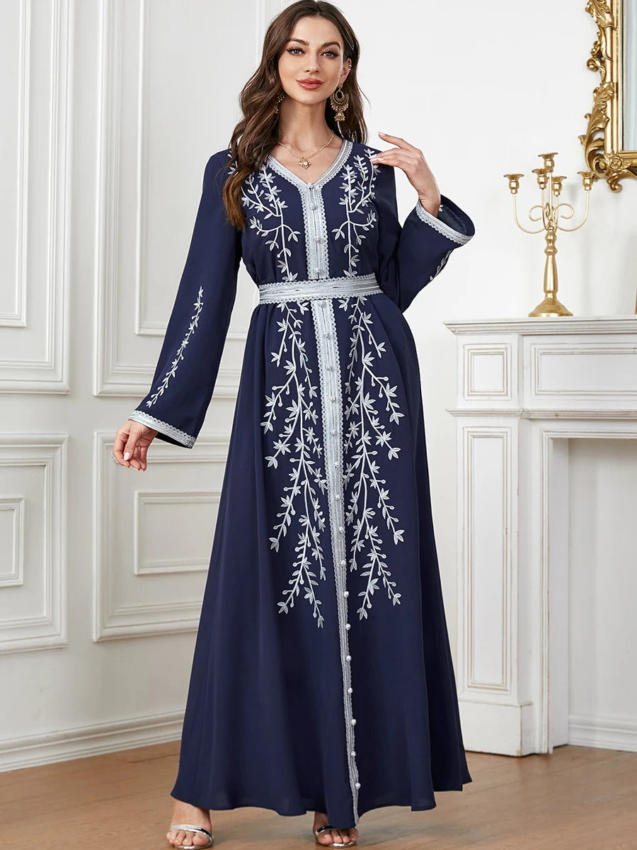 Abaya Islamic Fashion Solid Emberoidery Maxi Dresses Long Sleeve V-Neck Belted Clothing Moroccan Kaftan For Women Dark Blue Dress