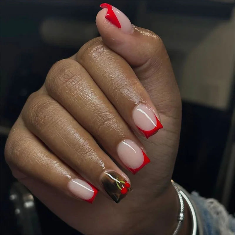 24Pcs Short Square Head Press on False Nails Yellow Brown Cherry with Design Fake Nail Red French Wearable Full Cover Nails Tips