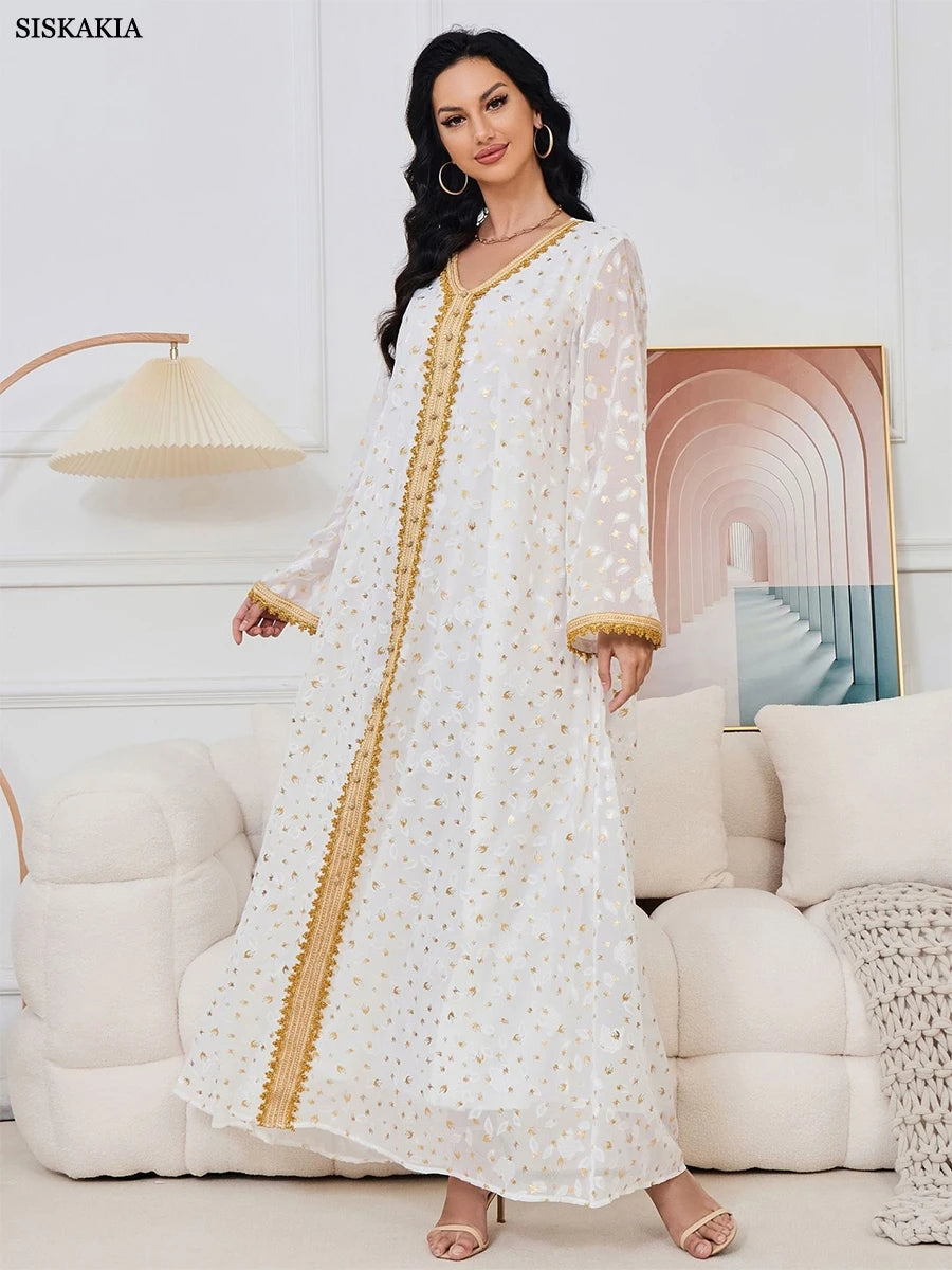 Gold Stamping Evening Party White Mesh Floral Long Sleeve V-Neck Dress With Sashes Moroccan Islamic Dubai Women Kaftan