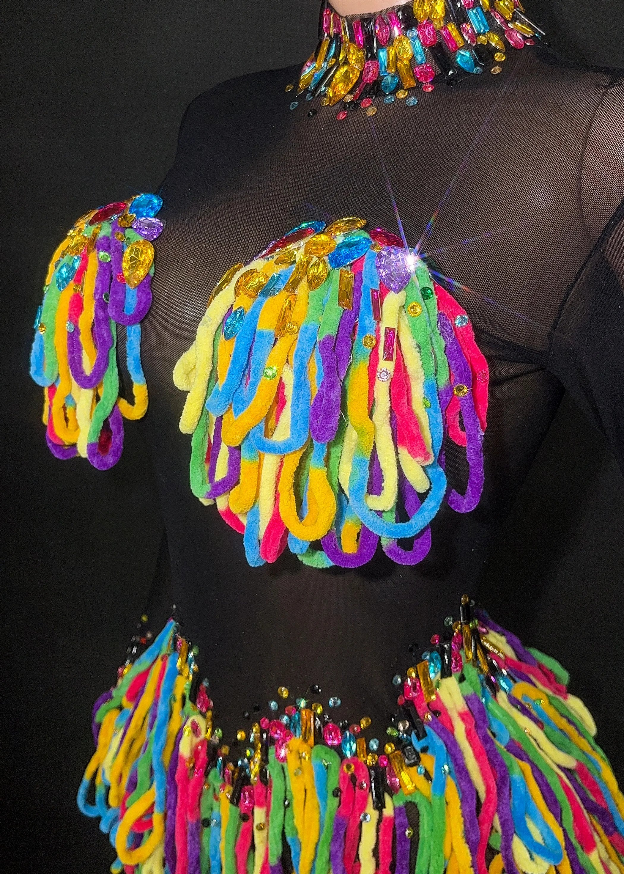 2025 Women Shiny Colorful Diamonds Sexy Stretch Transparent Mesh Short Dress Nightclub Party Singer Stage Performance Costume
