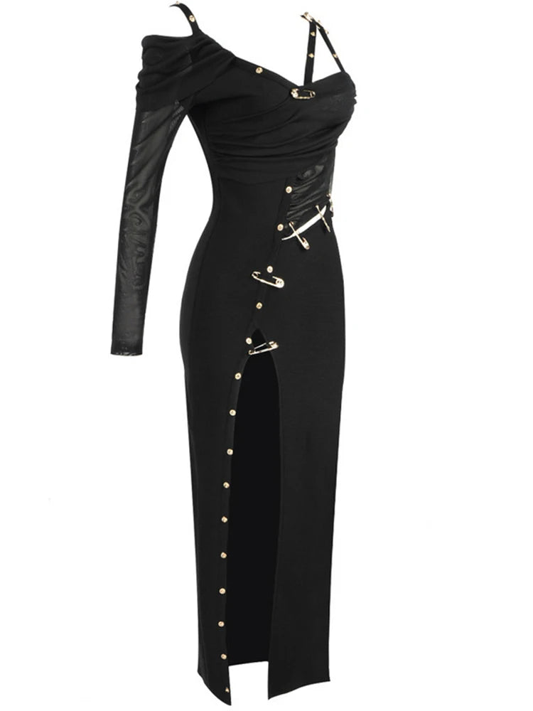 TWOTWINSTYLE Patchwork Paper Clip Dress For Women Diagonal Collar One Shoulder Sleeve High Waist Split Designer Dresses Female