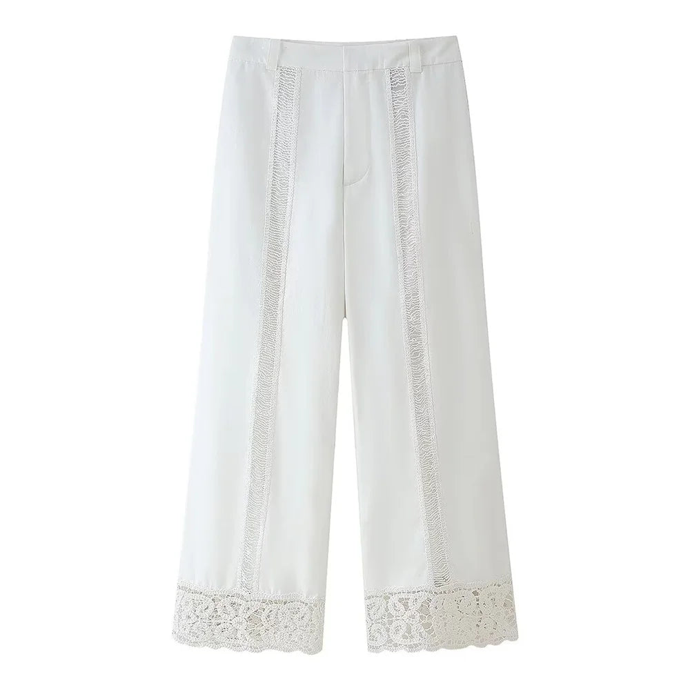 PB&ZA 2025 Women White Long Sleeve Blouse and Wide Leg Pants Set with Lace Trim Elegant Design for Sale on AliExpress