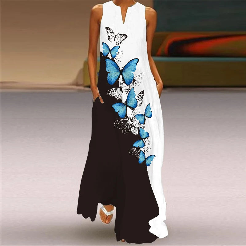 Fashionable Women's Hollow V-neck Maxi Dress Fresh Flower Print Sleeveless Loose Straight Beach Seaside Vacation Long Dress