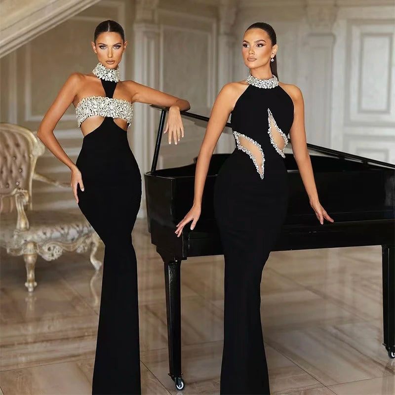 New Arrival Women Sexy Off the Shoulder Shinning Diamond Bodycon Long Bandage Dress Celebrate Evening Party Cocktail Outfit
