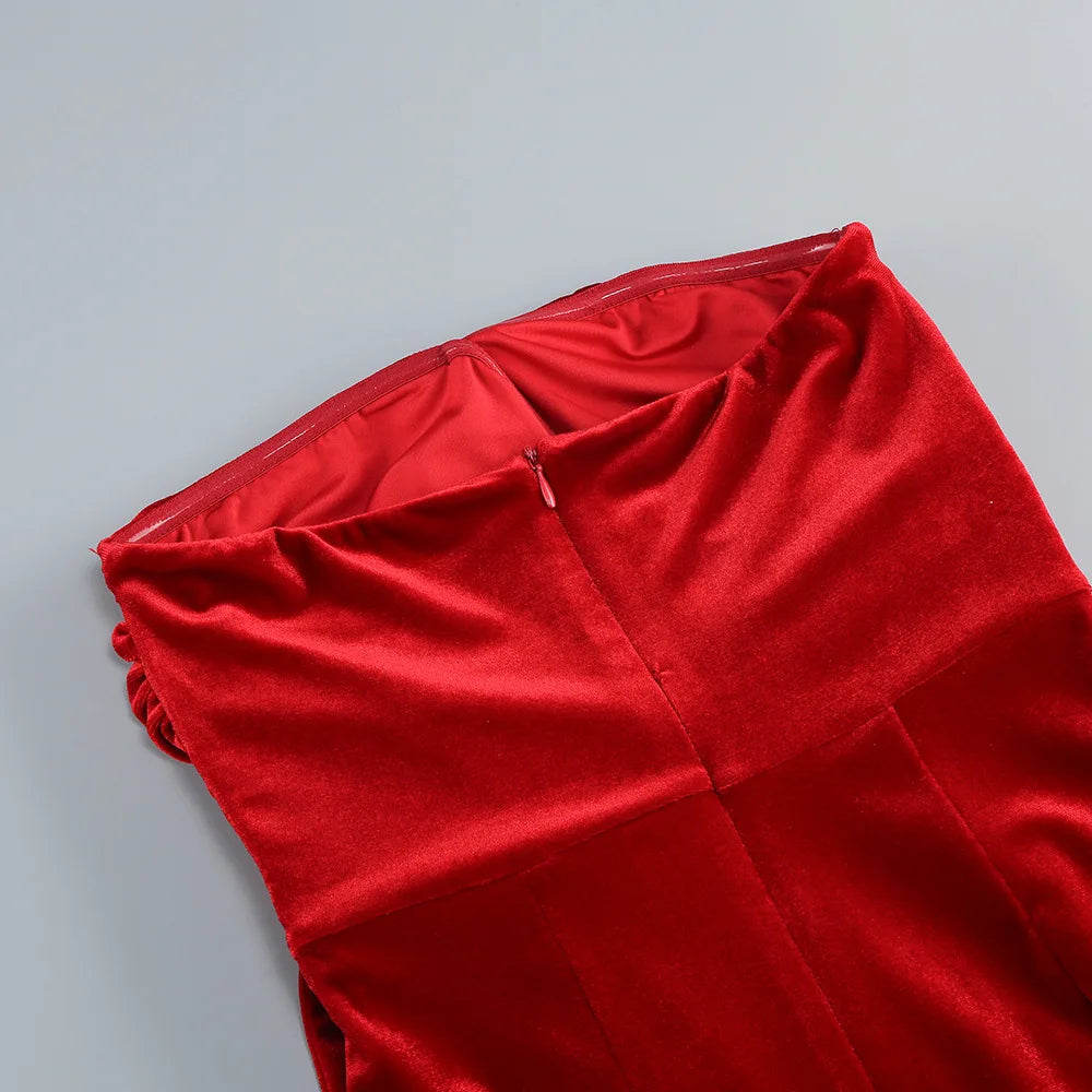 Red Color Women Sexy Strapless High Split Velvet Bodycon Long Dress Celebrate Fashion Mermaid Cocktail Party Outfit