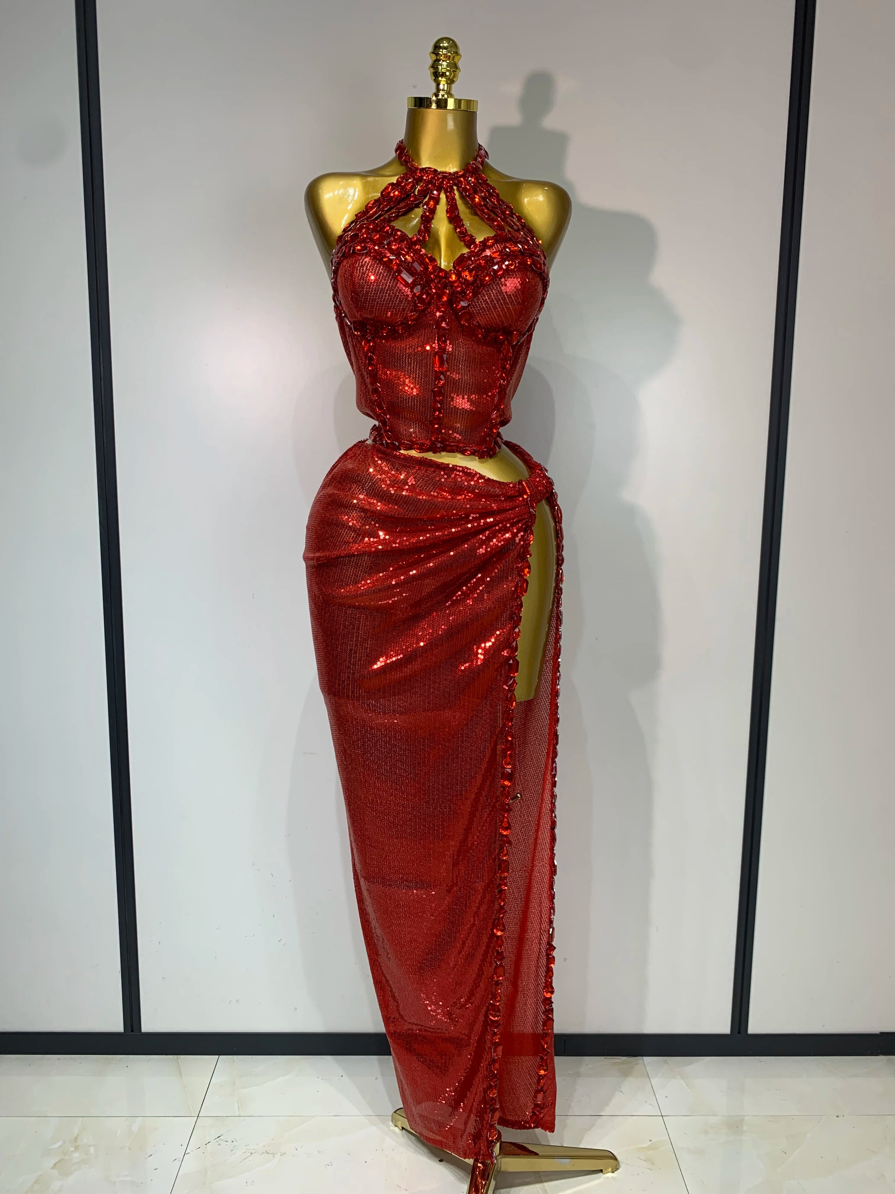 Women Sparkly Gold Rhinestones Top Long Skirt Two Pieces Set Singer Dancer Performance Costume Nightclub Luxury Birthday Dress
