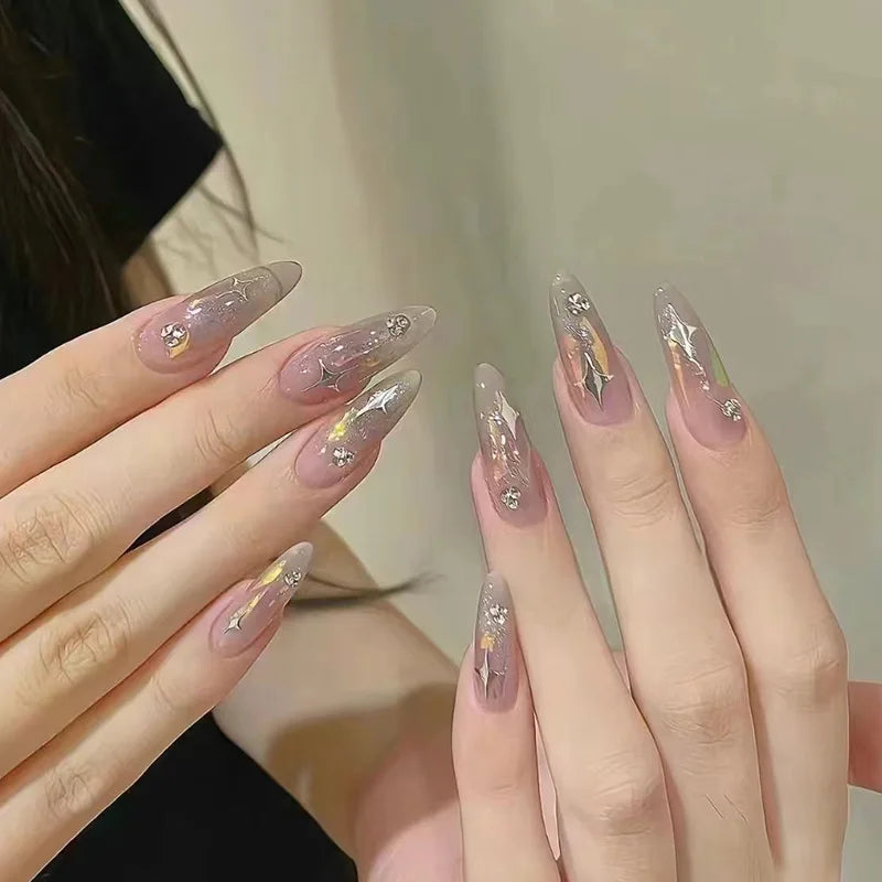 24Pcs Almond Press on Nails Y2K Star Diamond Designs for Cool Girls Nude Color Fake Nails for Women Full Cover False Nail Tips