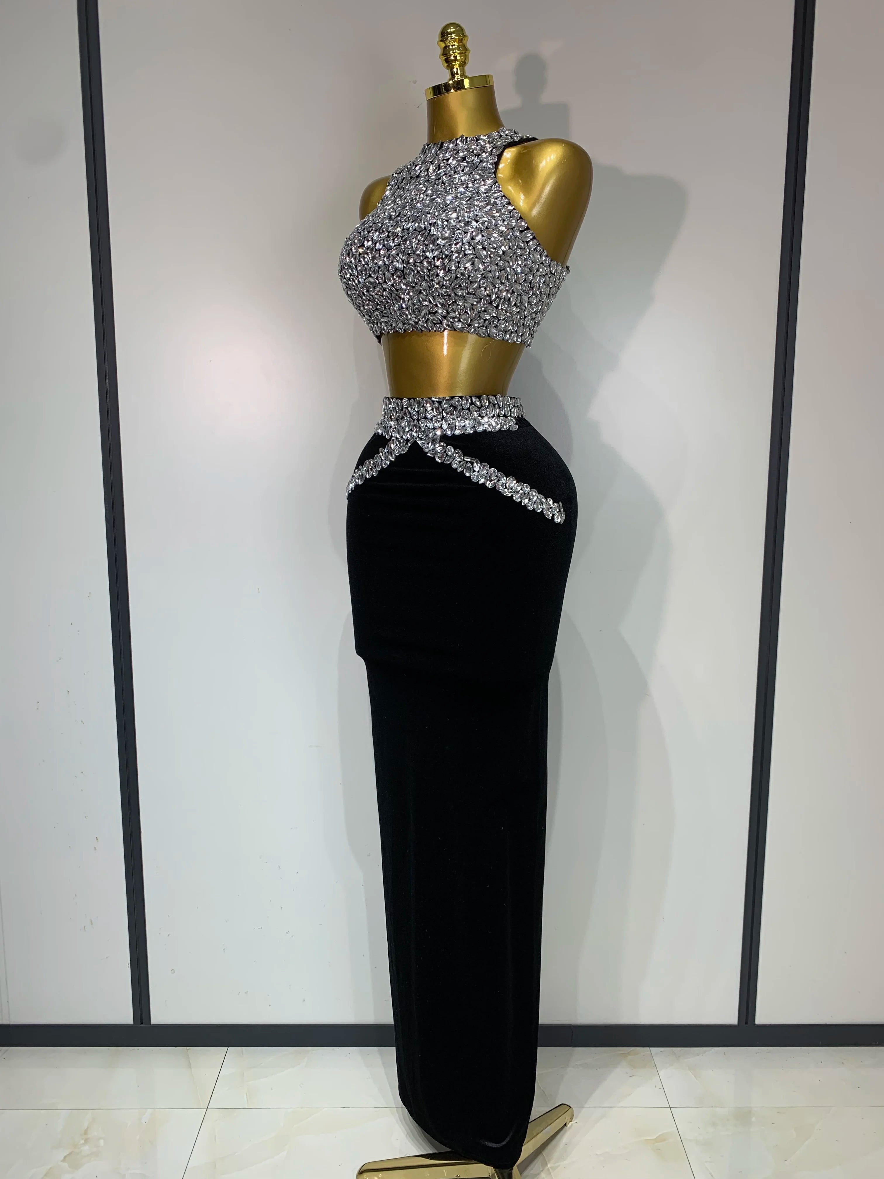 Sparkly Crystal Bodycon Long Dress 2025 Women Sexy Crop Top 2 Pieces Set Nightclub Elegant Party Performance Stage Costume