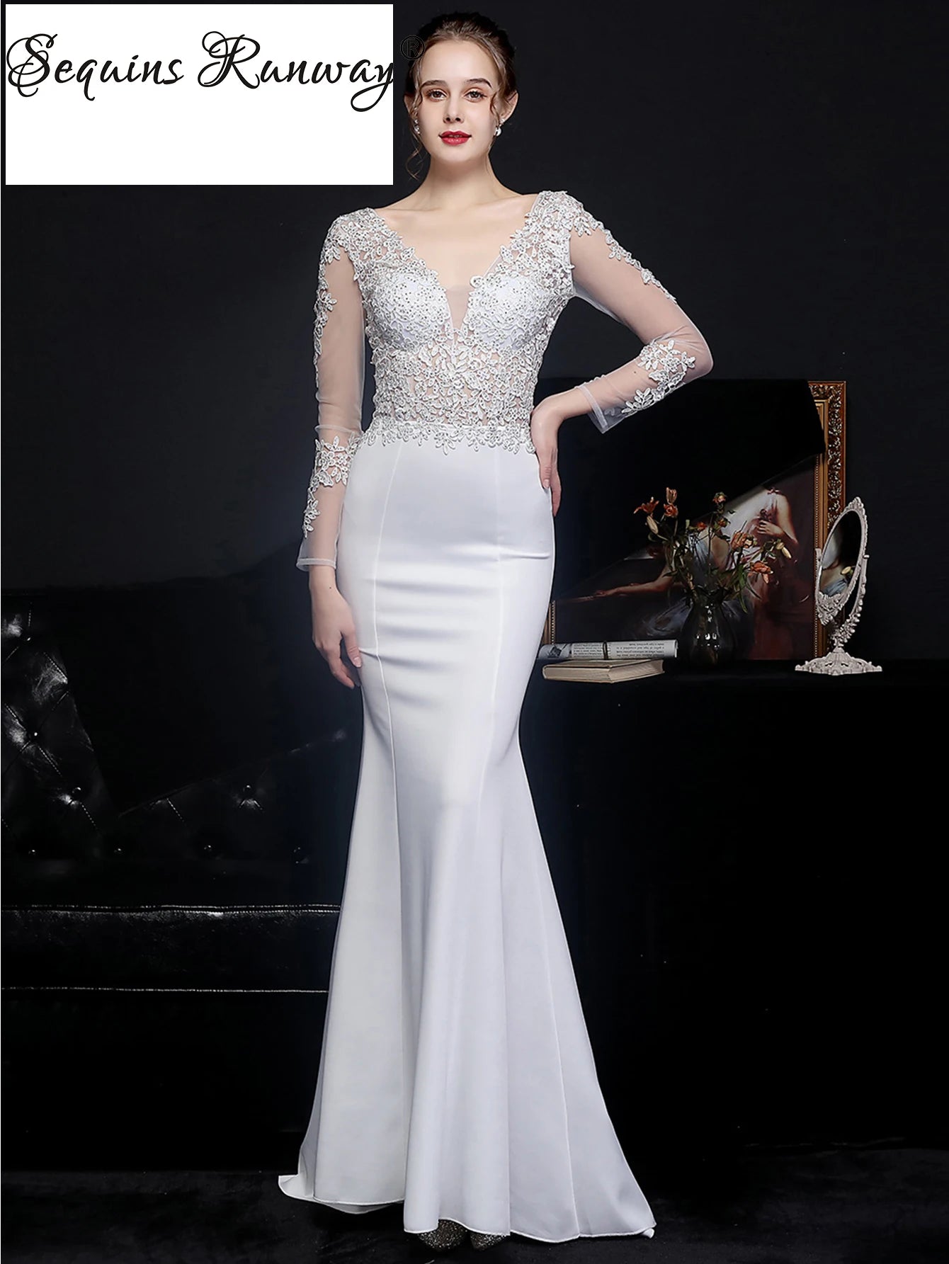 Sexy see through lace maxi summer dresses for women luxury wedding party dress elegant prom long sleeve evening dresses vestido