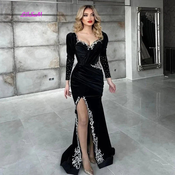 Black Mermaid Evening Dresses Moroccan Caftan Applique Long Sleeves Prom Gowns Split Women Party Guest Dress