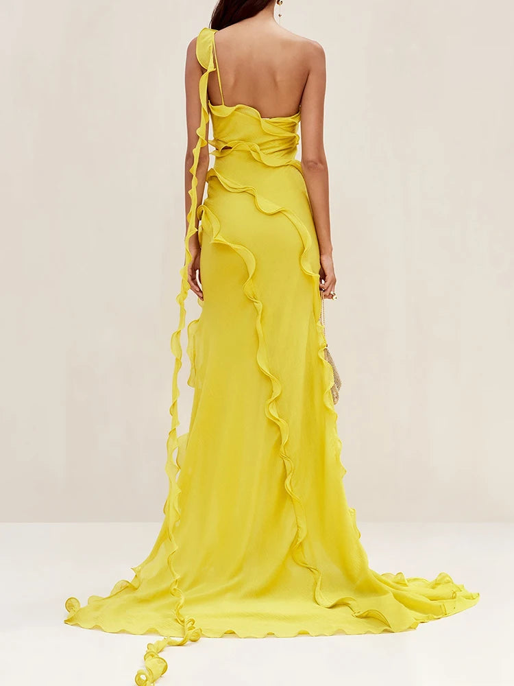 TWOTWINSTYLE Solid Split Slimming Dresses For Women Diagonal Collar Sleeveless Backless High Waist Temperament Dress Female New