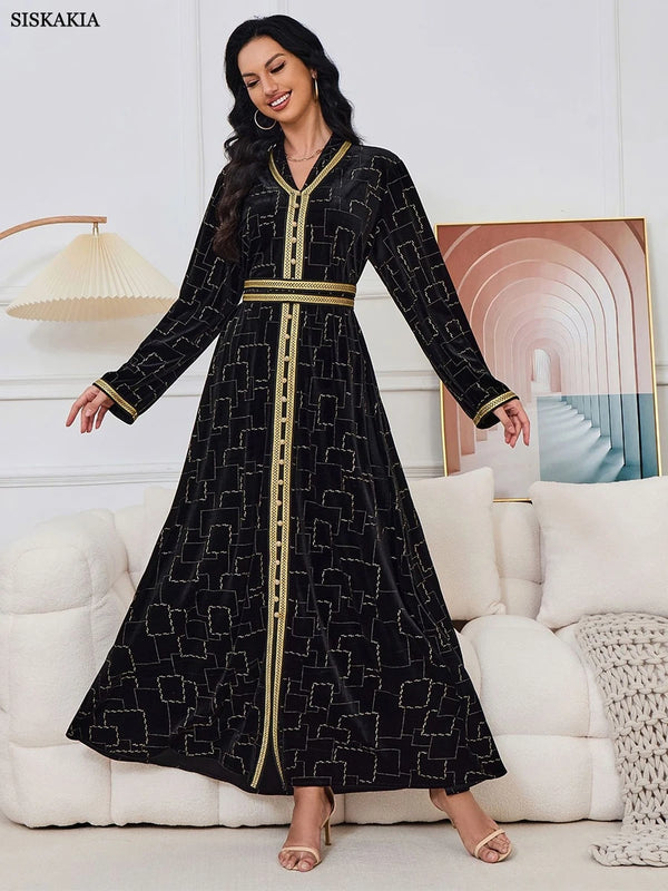 Autumn Winter Velvet Black Long Dress Gold Stamping Long Sleeve V Collar Belted Abaya Jalabiyat Moroccan Dubai Kaftan