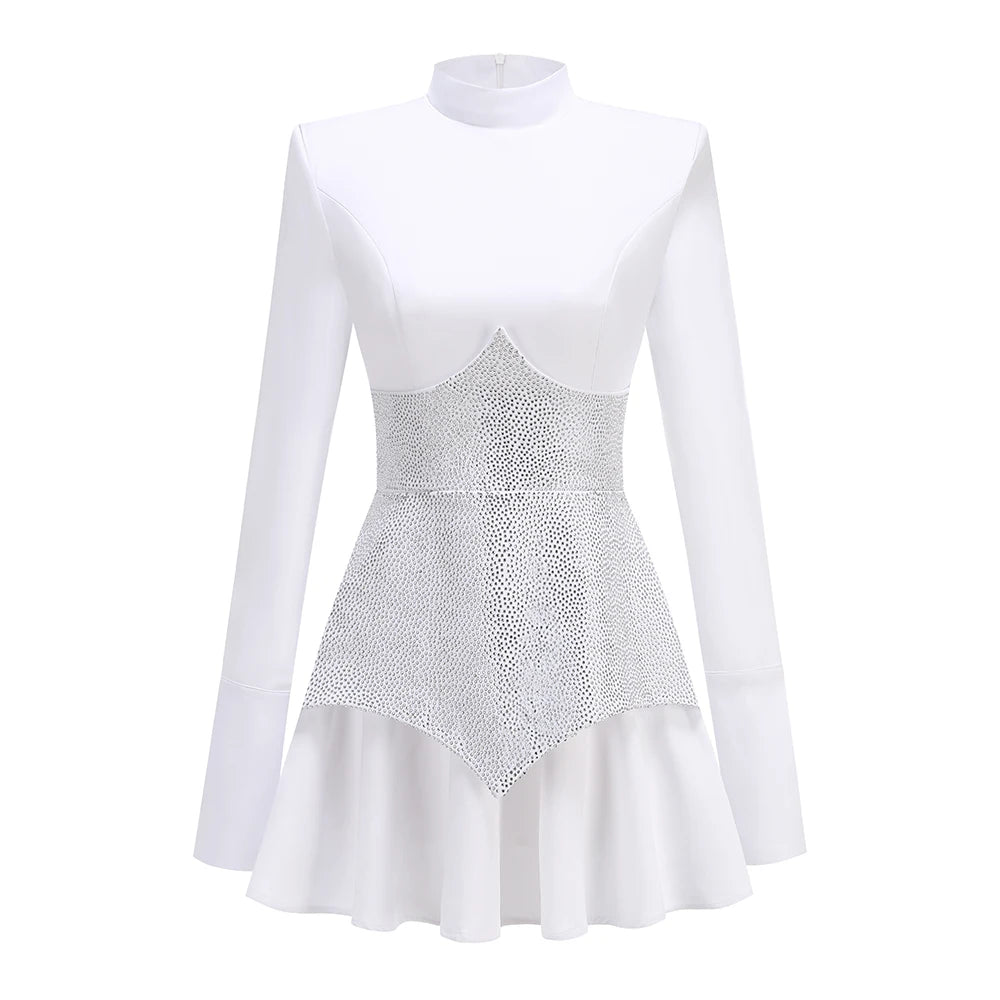 New Arrival Black Red Women Long Sleeve Shinning Rhinestones A-Line Mini Dress Christmas Nightclub Party Celebrate Dress