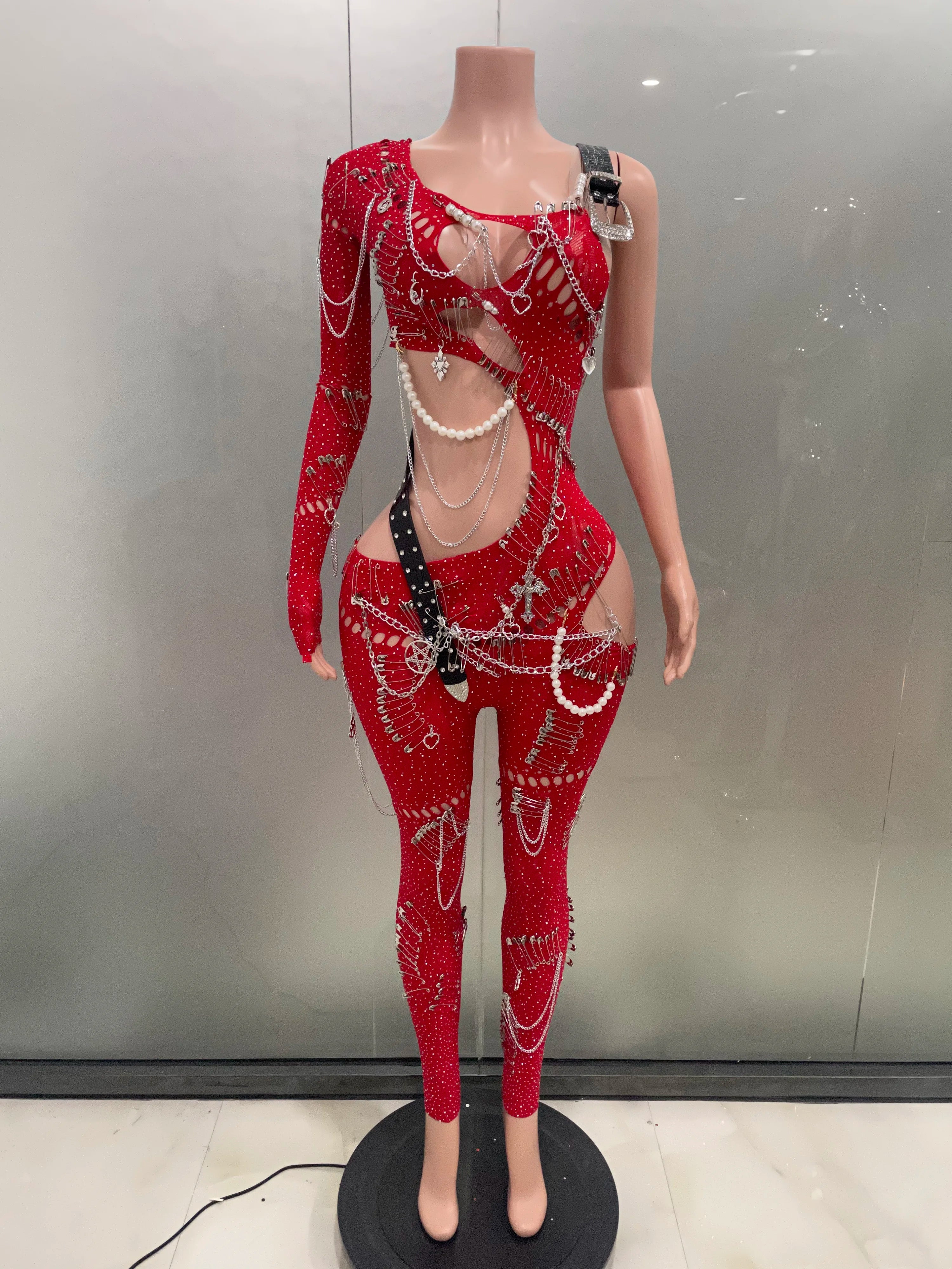 Sexy Shining Pearl Chain One Shoulder Hollow Out Jumpsuit 2025 New Women Birthday Party Nightclub Singer Performance Stage Wear