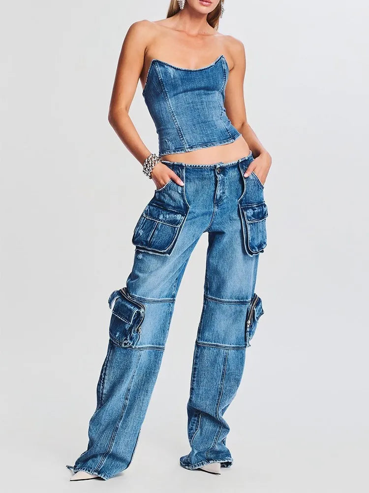 TWOTWINSTYLE Denim Vintage Two Piece Sets For Women Strapless Sleeveless Tops High Waist Spliced Pockets Pant Casual Set Female