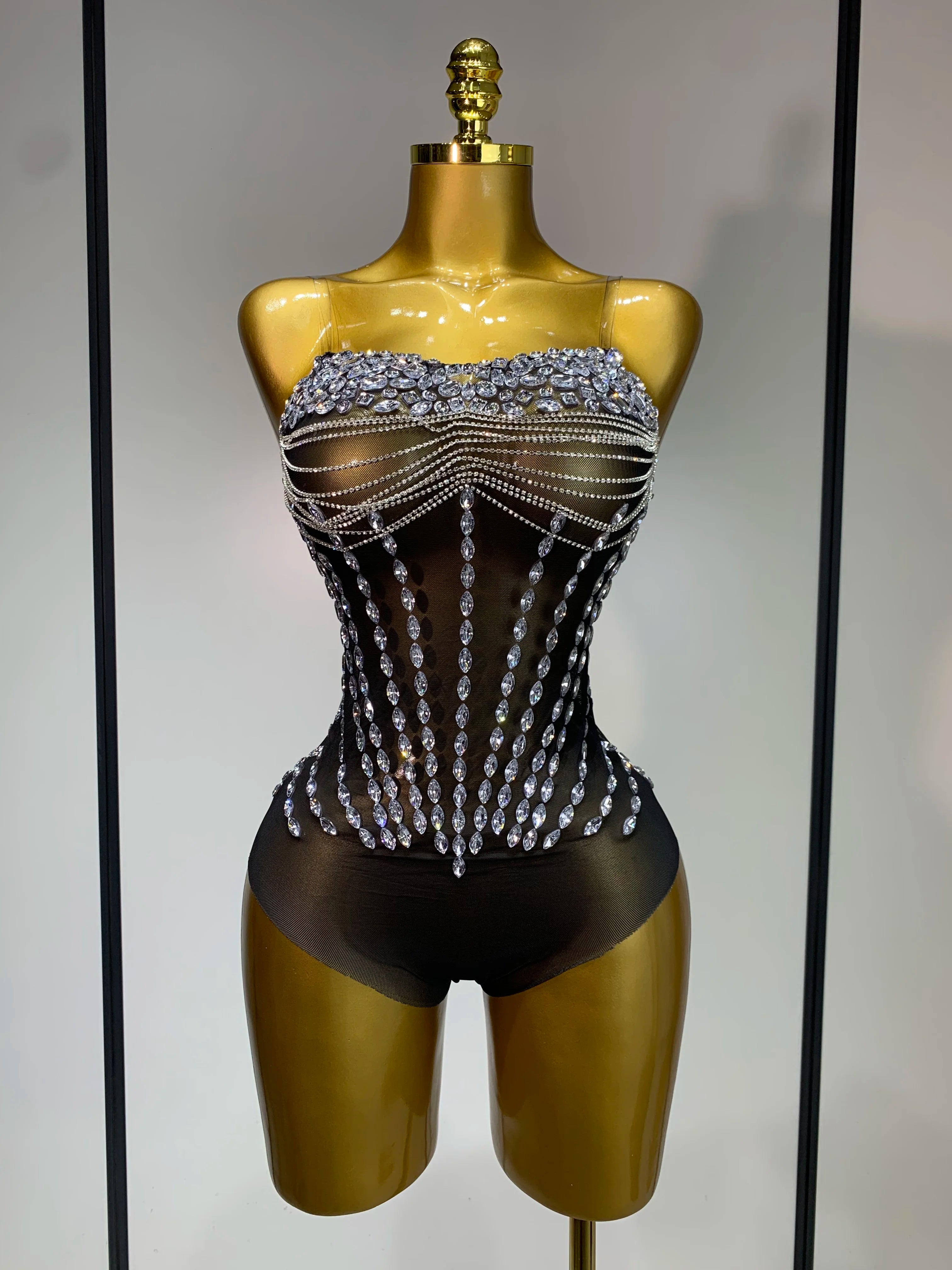 Women Sexy Strapless Rhinestone bodysuit Skirt Three Piece Set Celebrity Elegant Evening Party Birthday Dresses Stage Costume