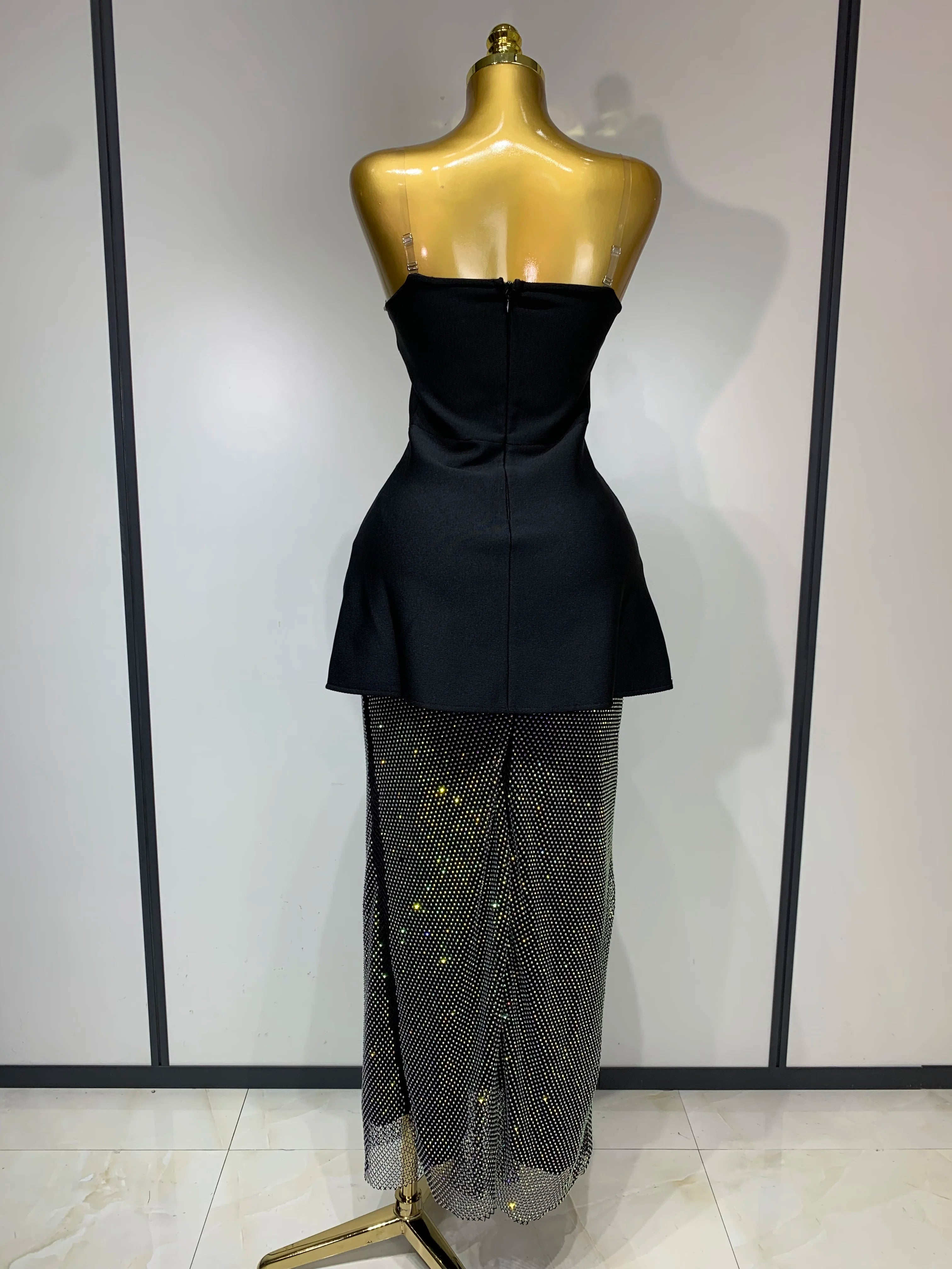 High Quality Black Design Sleeveless Rhinestone Top + Hot diamond Skirt Suit Evening Party Dress Nightclub Luxury Birthday Gown