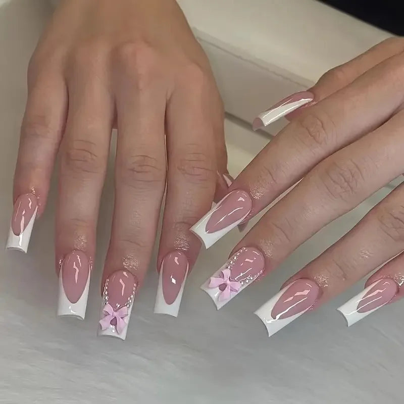Black French Tips Press on Nails 3D White Bowknot Alloy Stars Designs Fake Nails Ballet Charms False Nails Korean Manicure 24Pcs