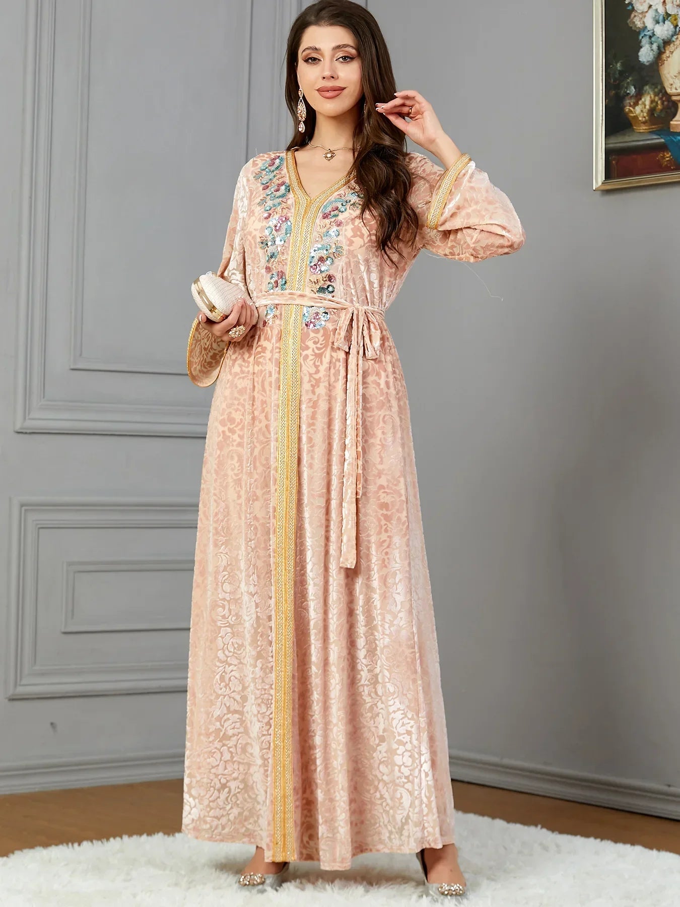 Dubai Autumn Winter Velvet Sequins Belted Evening Party Dress Jalabiyat Moroccan Caftan For Women Saudi Muslim Gown