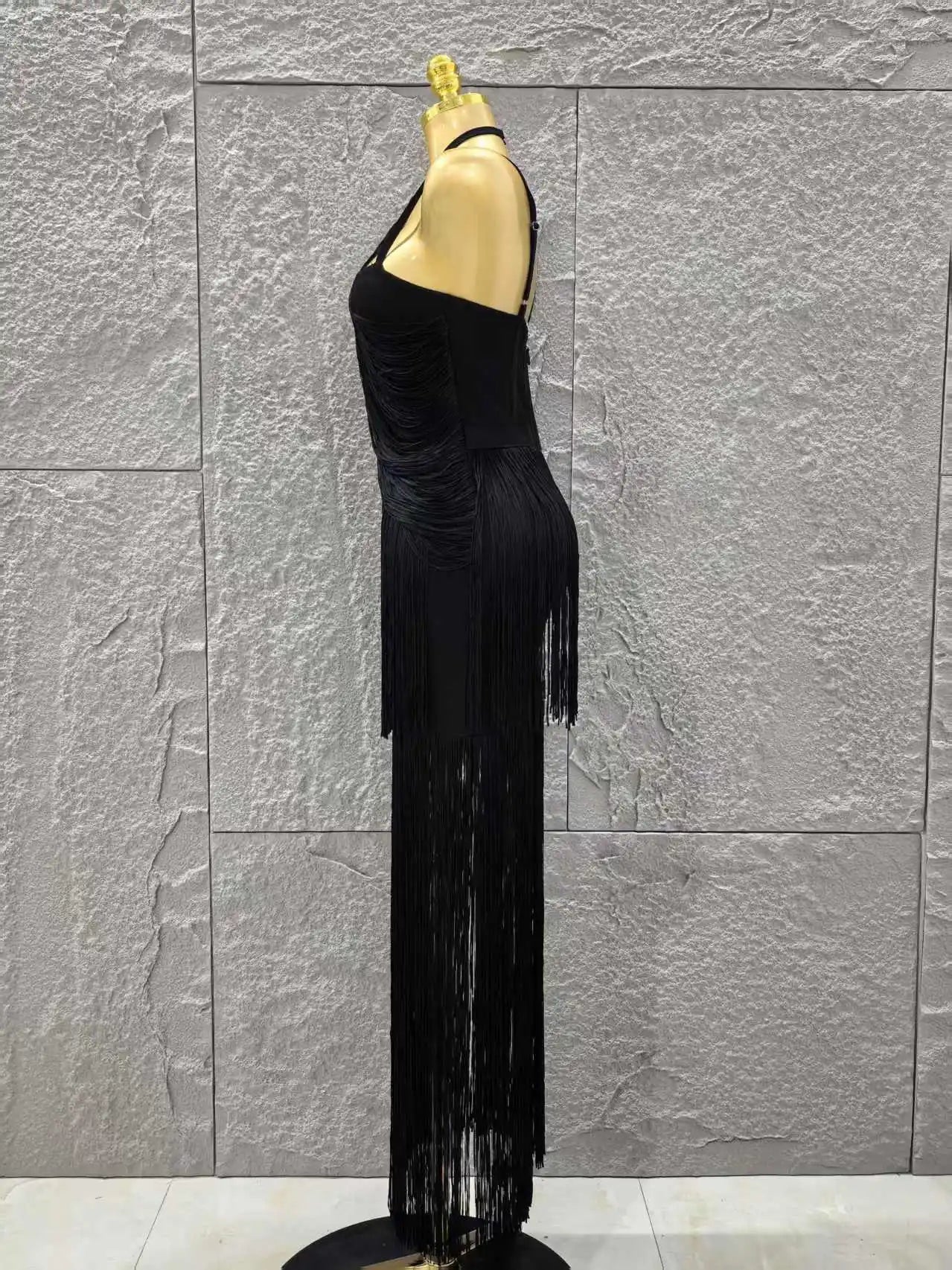 Black Color Women Sleeveless Sexy V-Neck Tassels Bodycon Long Bandage Dress Celebrate Evening Party Cocktail Outfit Vestido