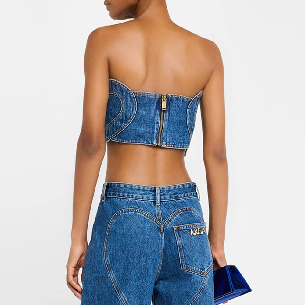 TWOTWINSTYLE Soild Two Piece Sets for Women Straplelss Sleeveless Vest High Wiast Patchwork Hollow Out Jeans Elegant Set Female